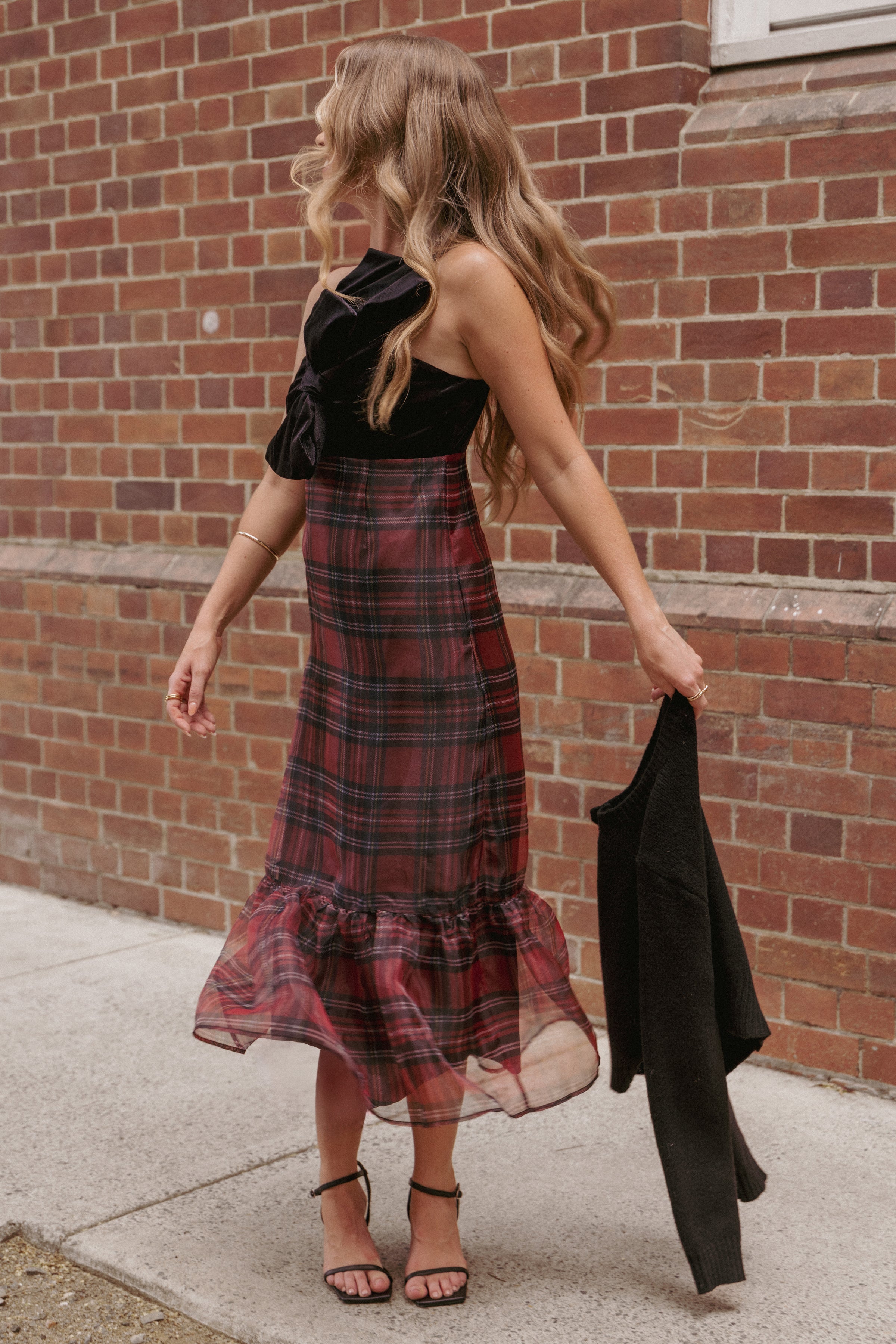 DRESSES Amelie Bow Front One Shoulder Midi Dress - Red Plaid