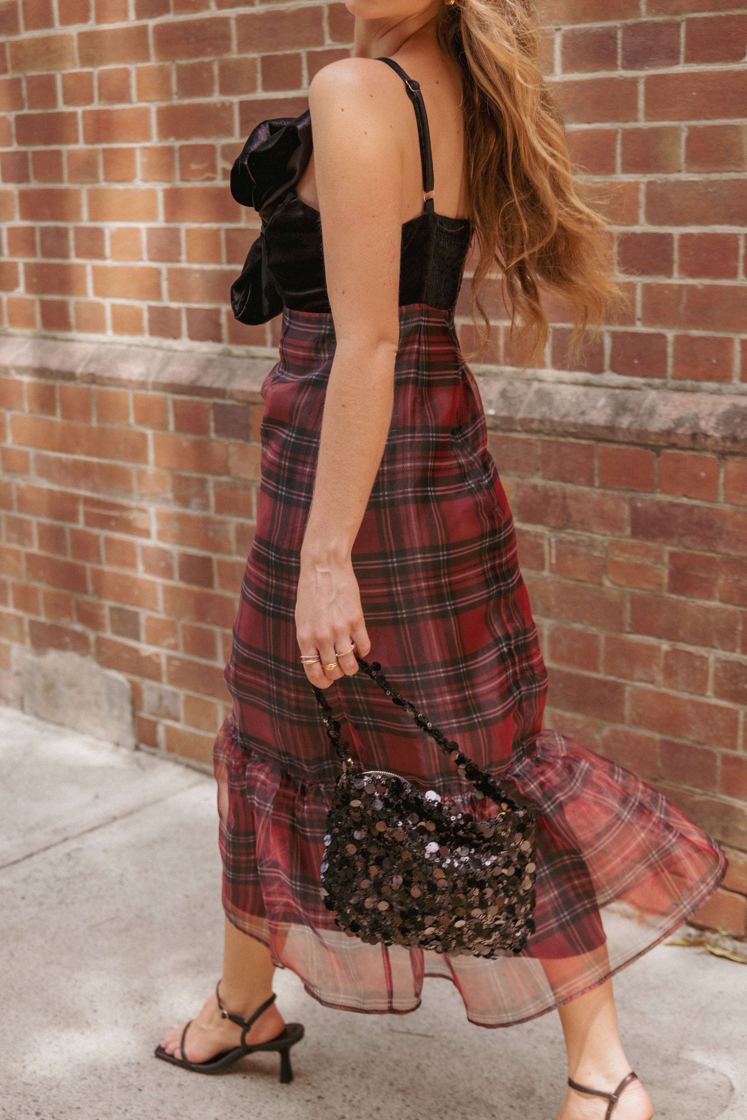 DRESSES Amelie Bow Front One Shoulder Midi Dress - Red Plaid