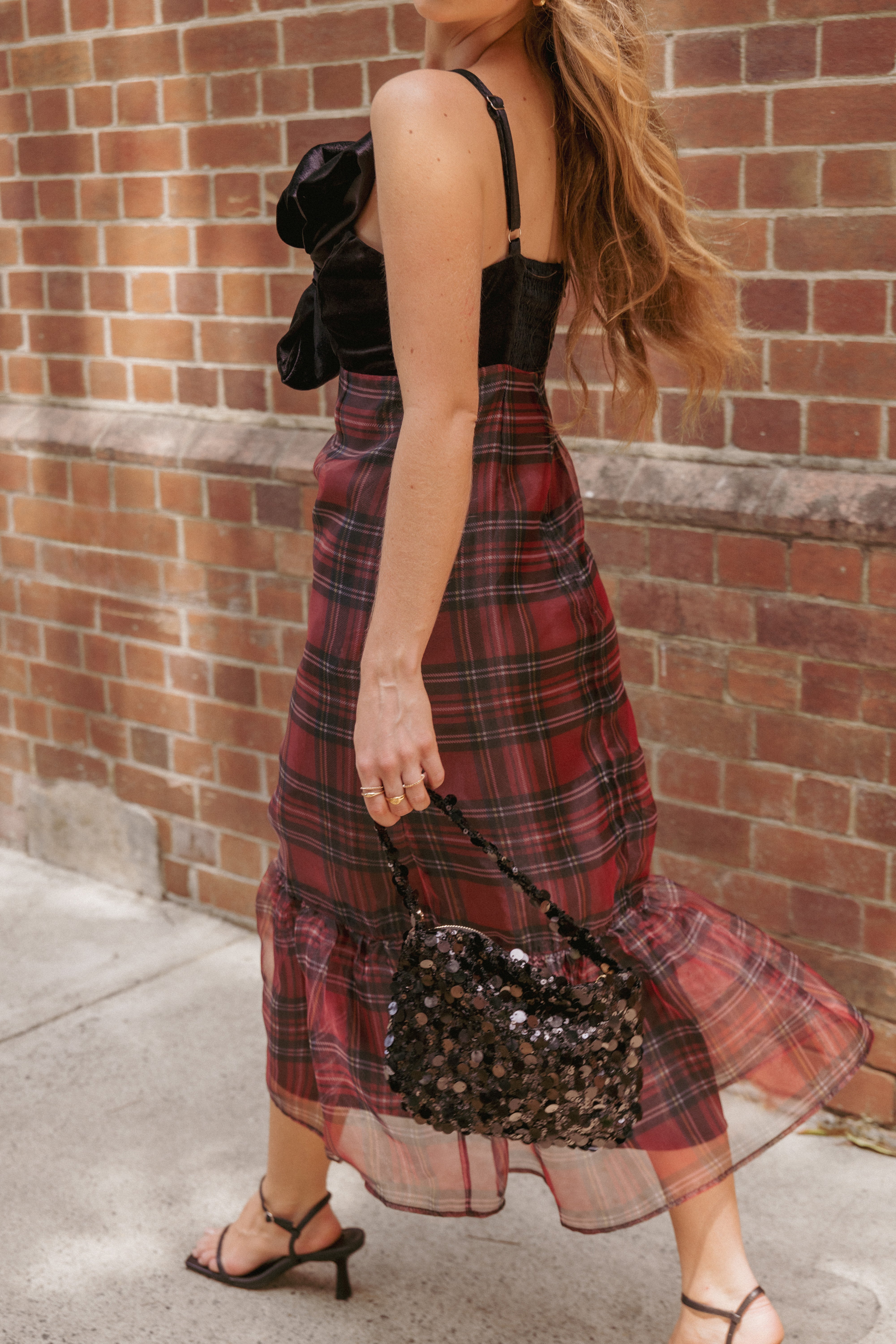 DRESSES Amelie Bow Front One Shoulder Midi Dress - Red Plaid
