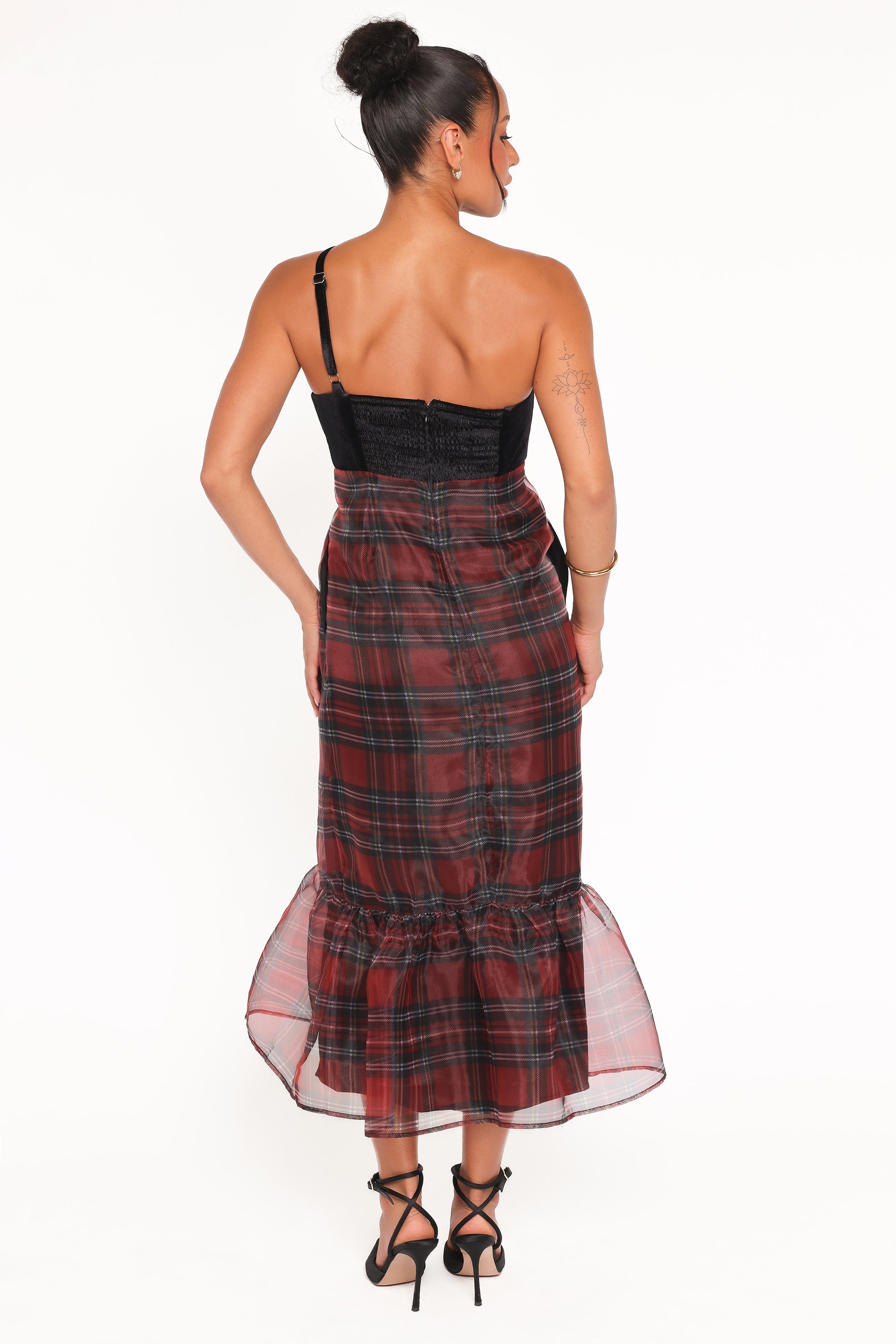 DRESSES Amelie Bow Front One Shoulder Midi Dress - Red Plaid