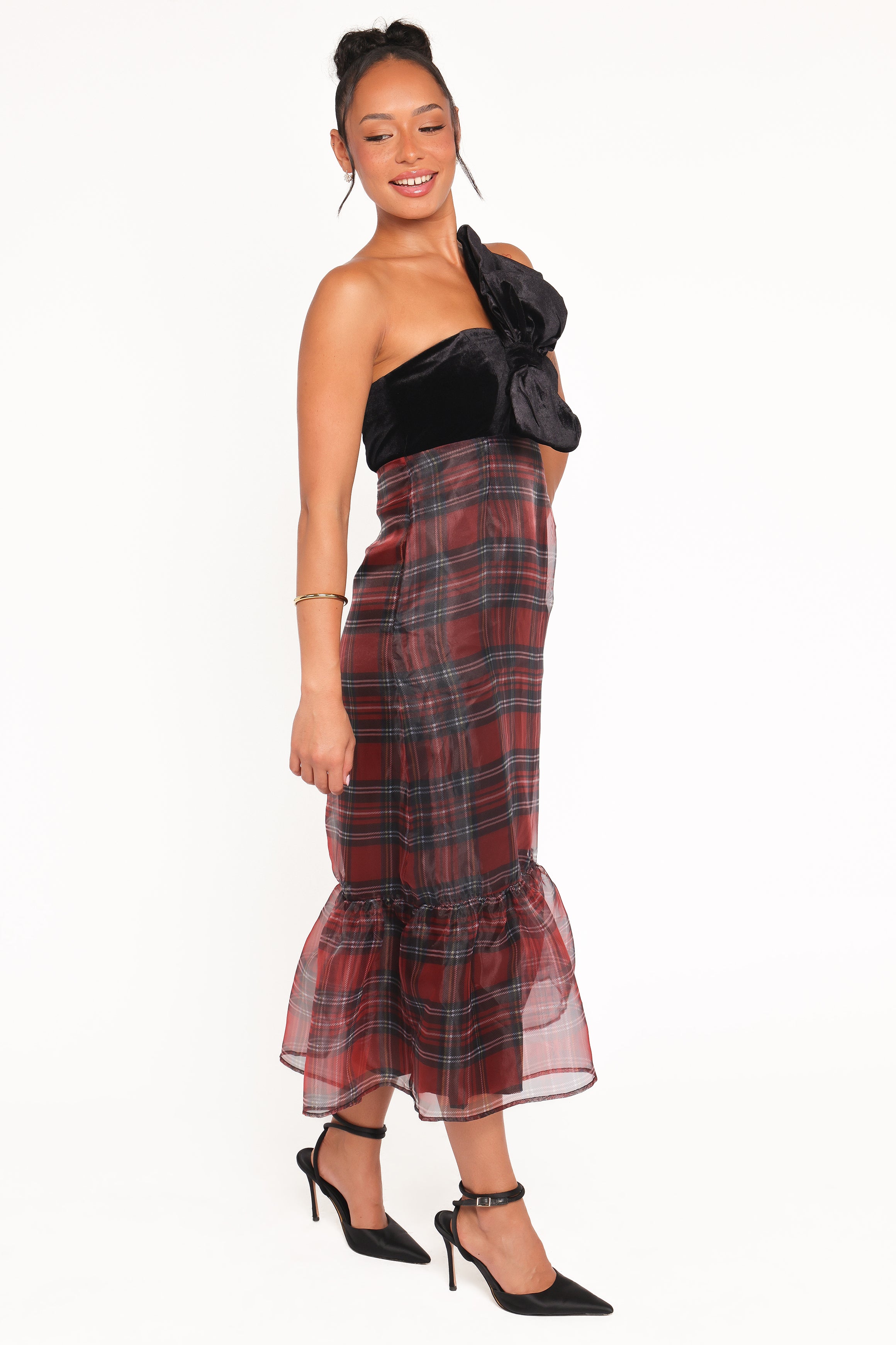 DRESSES Amelie Bow Front One Shoulder Midi Dress - Red Plaid