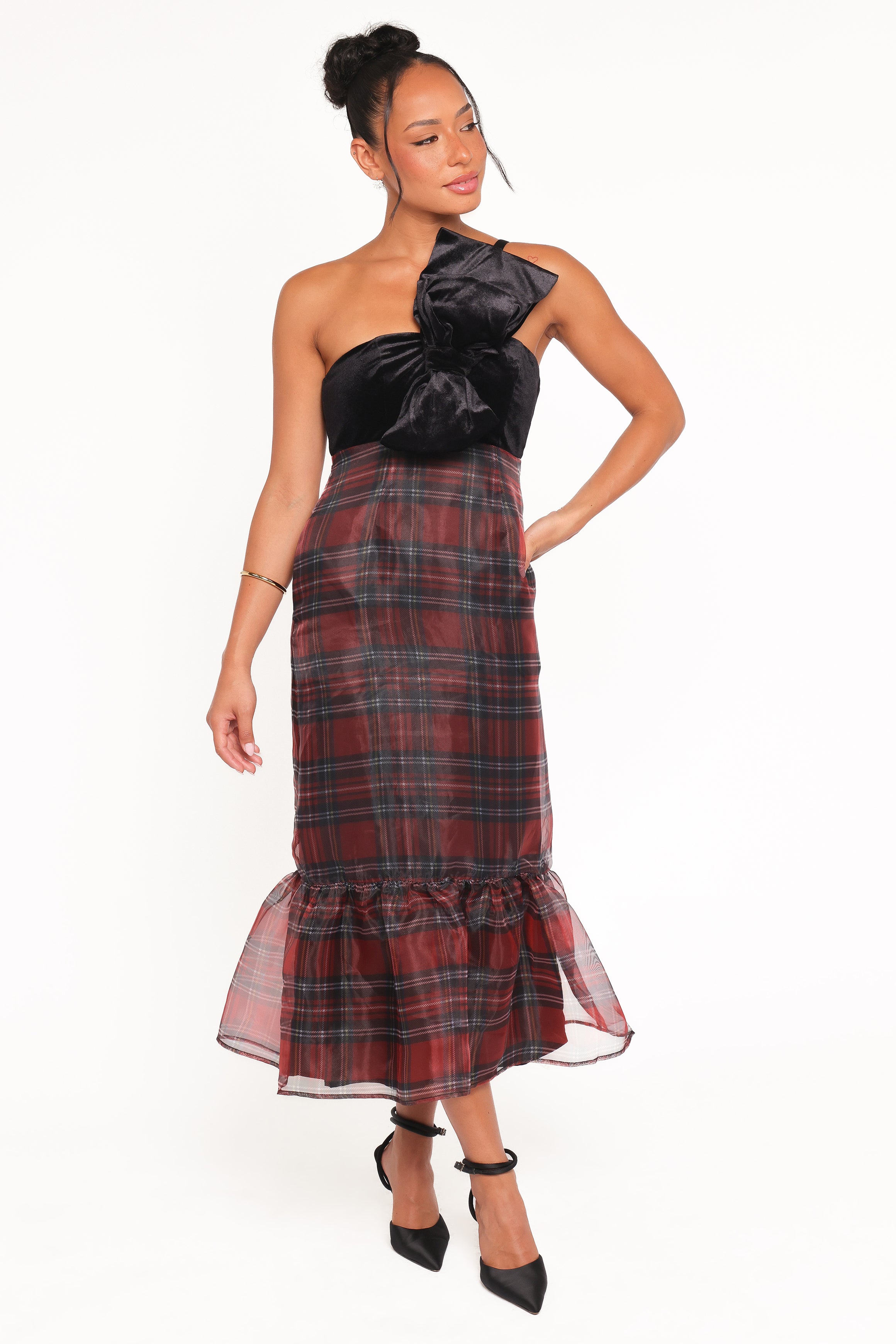DRESSES Amelie Bow Front One Shoulder Midi Dress - Red Plaid