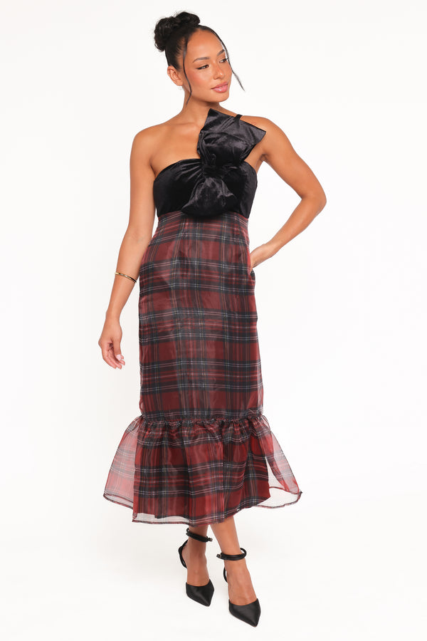 DRESSES Amelie Bow Front One Shoulder Midi Dress - Red Plaid