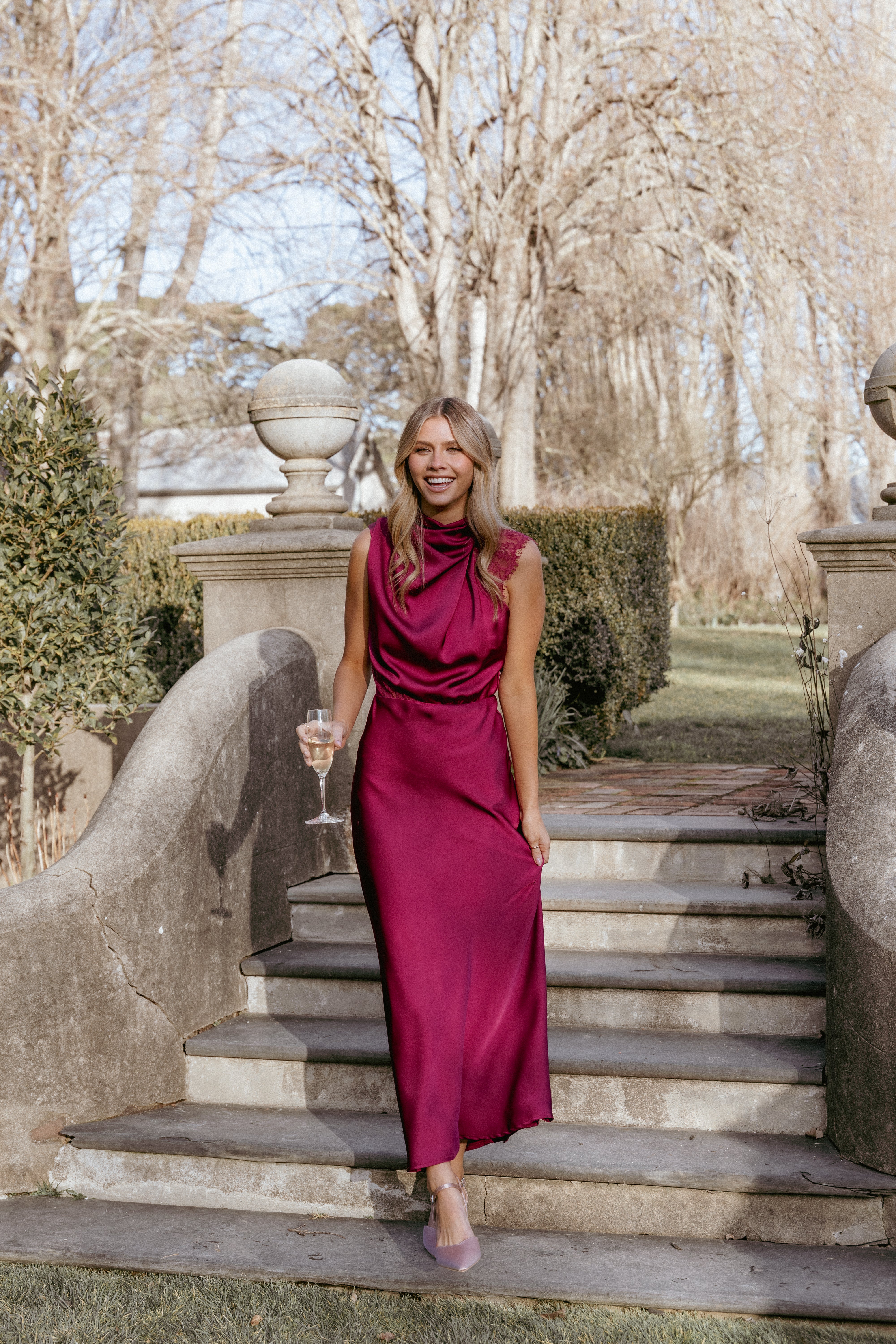 DRESSES Anabelle Halter Neck Lace Maxi Dress - Berry