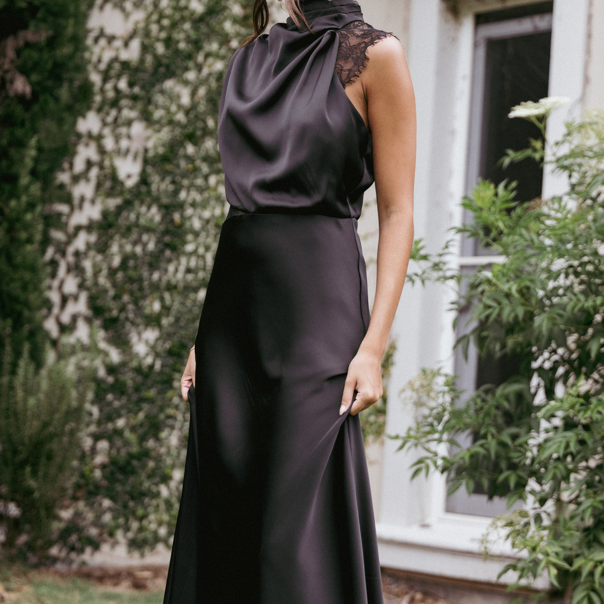Anabelle Halter Neck Lace Maxi Dress - Black