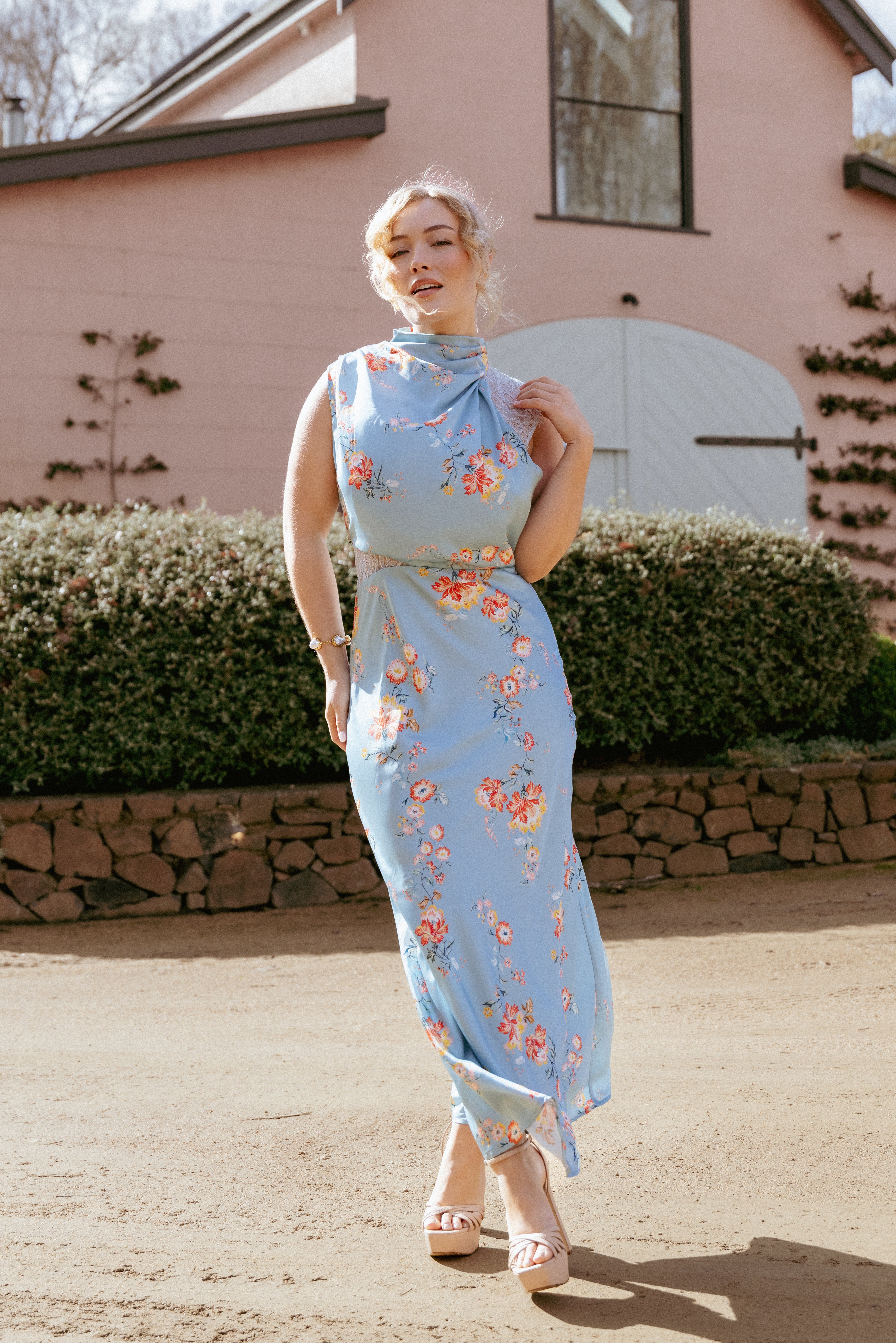 DRESSES Anabelle Halter Neck Lace Maxi Dress - Blue Floral