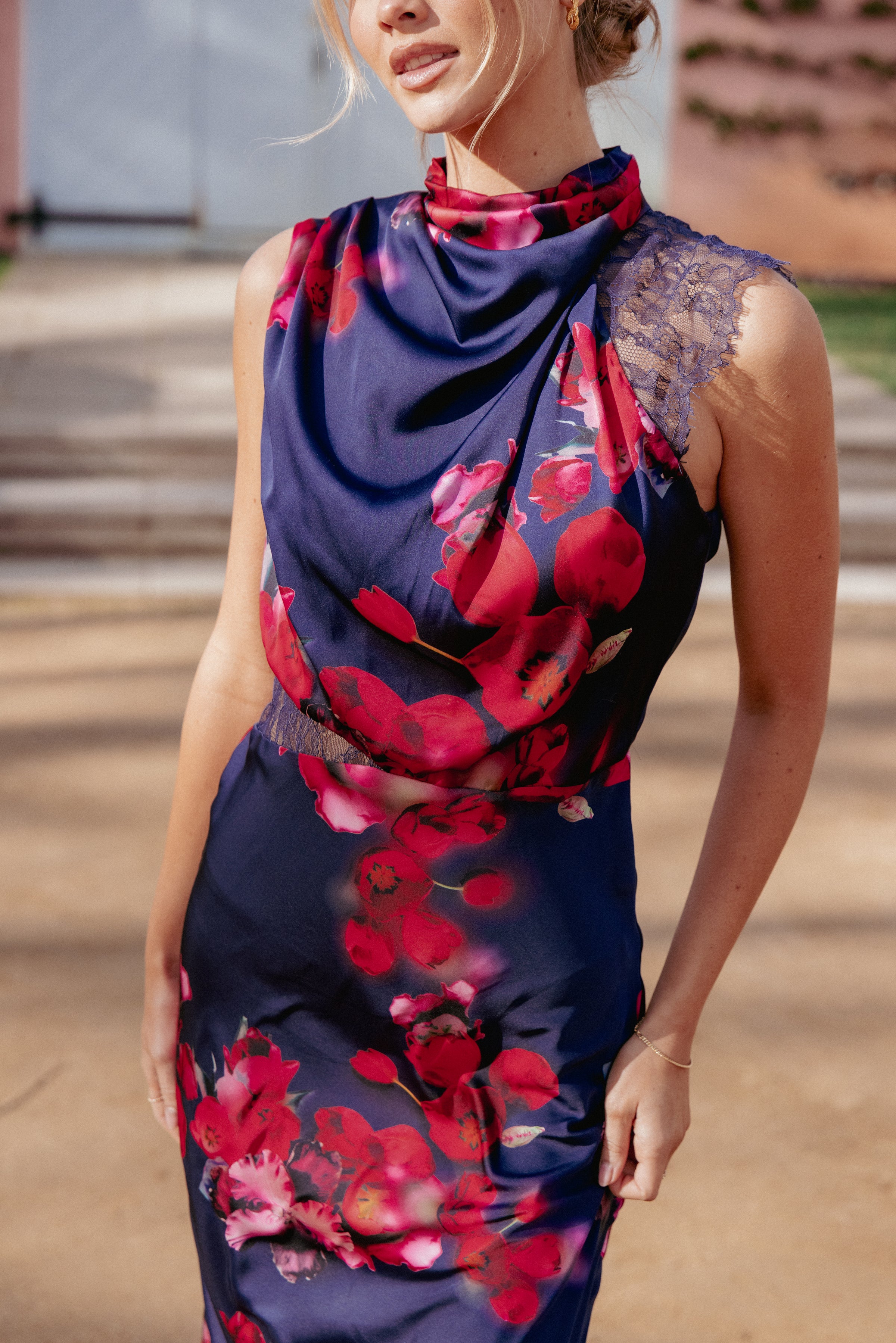 DRESSES Anabelle Halter Neck Lace Maxi Dress - Navy Floral