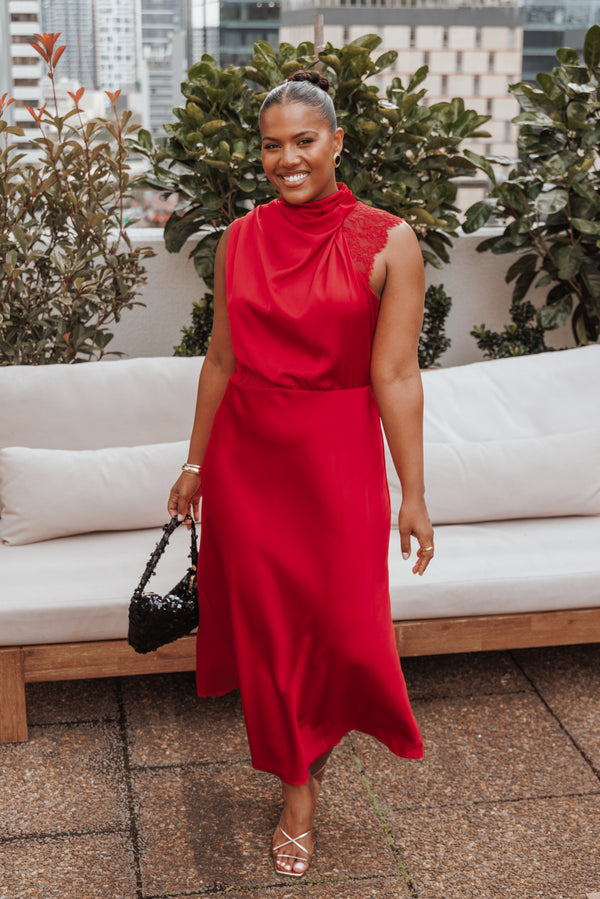 DRESSES Anabelle Halter Neck Lace Maxi Dress - Red