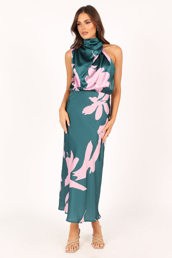 DRESSES @Anabelle Halter Neck Maxi Dress - Green Pink