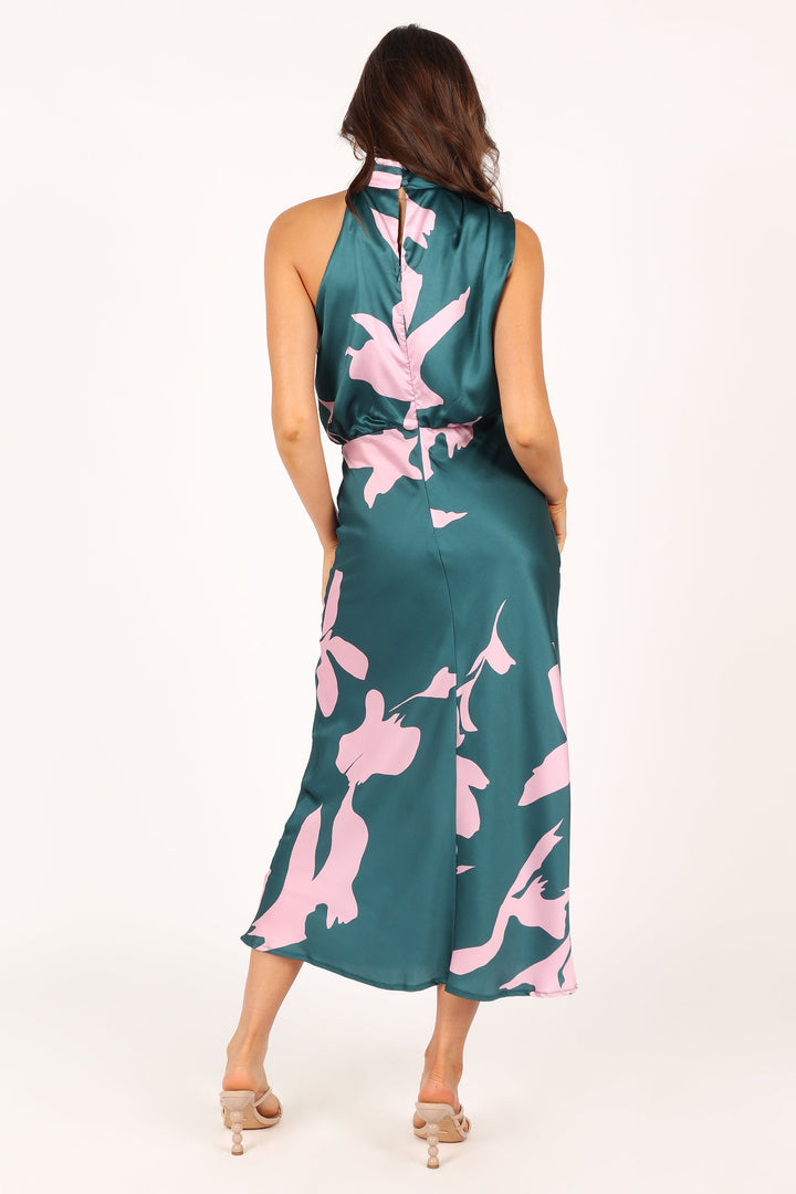 Anabelle Halter Neck Maxi Dress Green Pink Petal & Pup