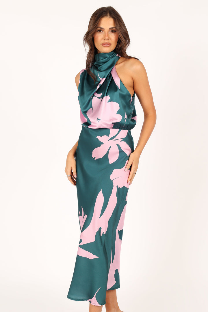 Shop Formal Dress - Anabelle Halter Neck Midi Dress - Green Pink third image