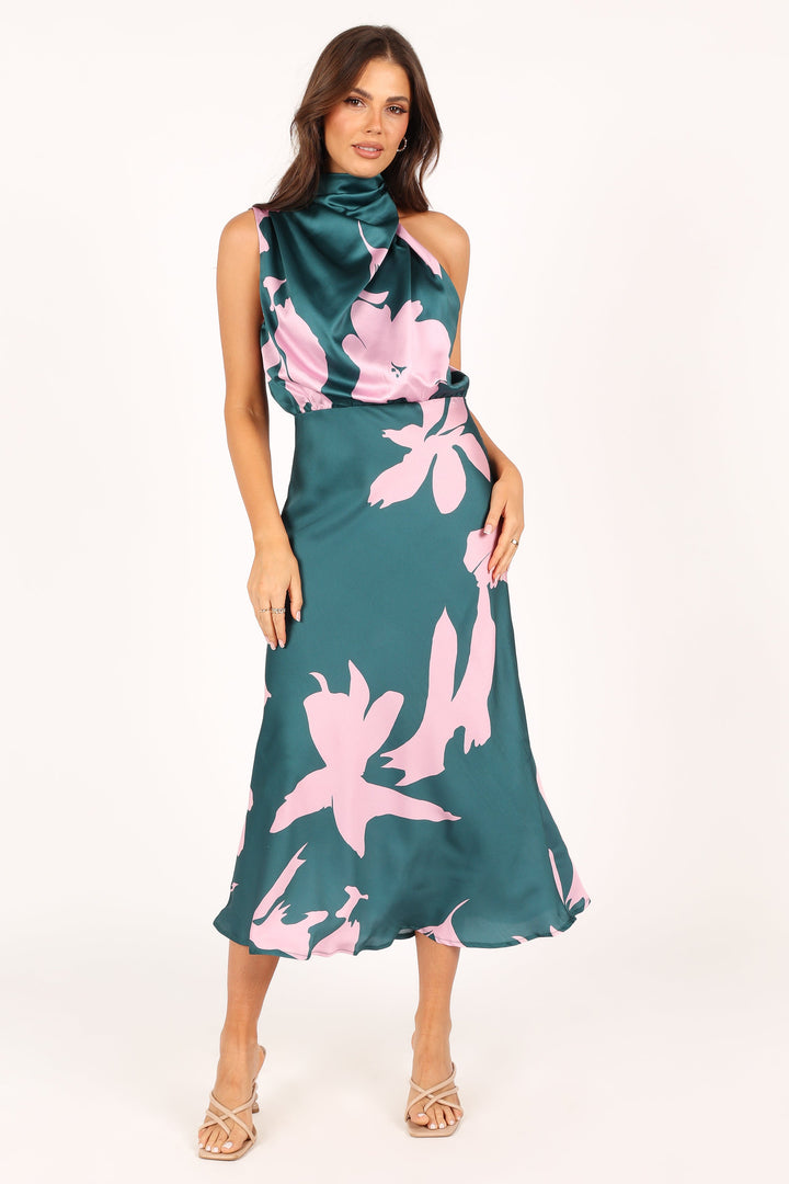 Shop Formal Dress - Anabelle Halter Neck Midi Dress - Green Pink secondary image