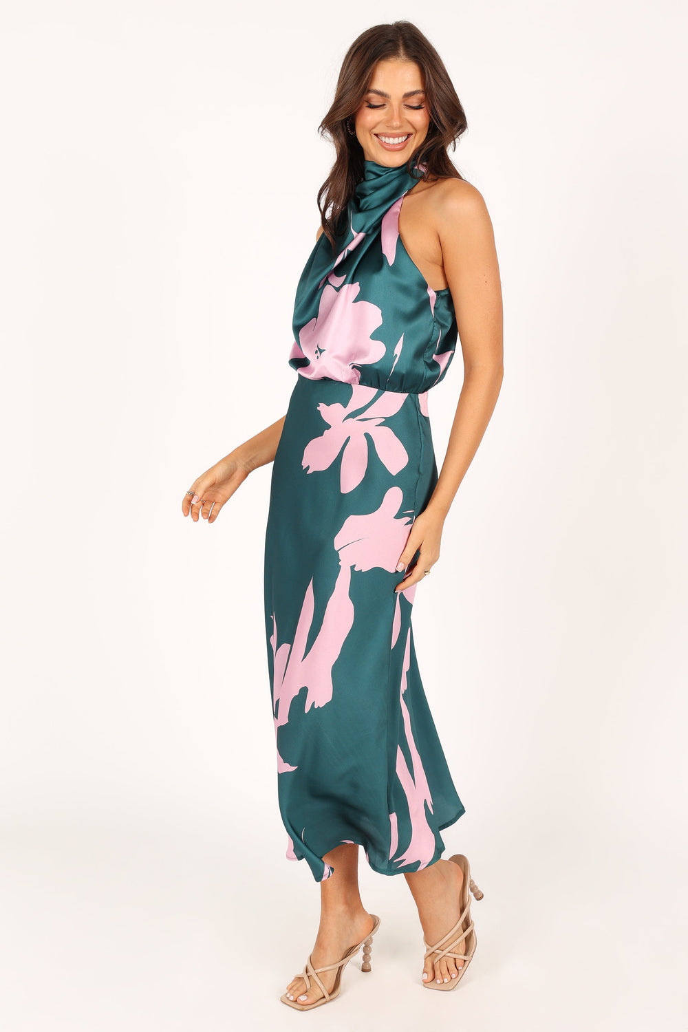 Shop Formal Dress - Anabelle Halter Neck Midi Dress - Green Pink fourth image