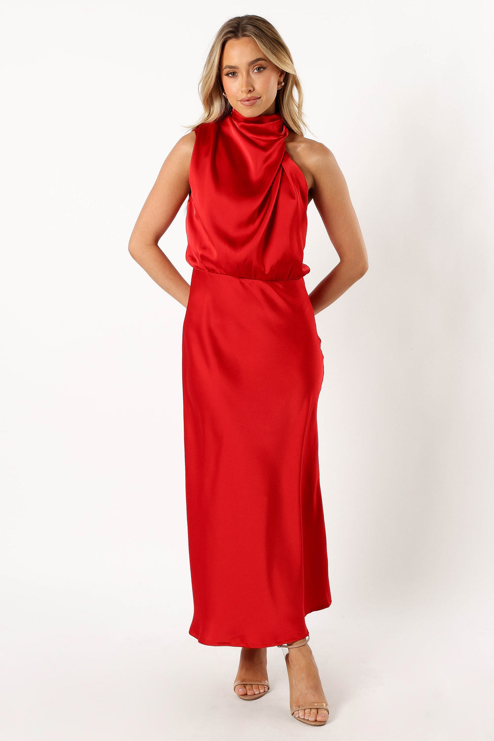 Shop Formal Dress - Anabelle Halter Neck Midi Dress - Red fifth image