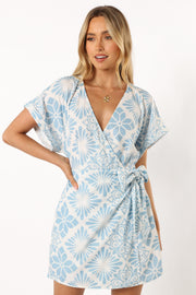 DRESSES @Anessa Wrap Mini Dress - Blue Print