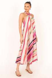 DRESSES @Antonijia Halterneck Maxi Dress - Berry Stripe