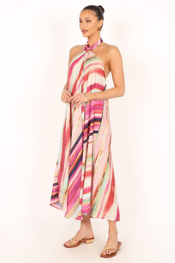 DRESSES @Antonijia Halterneck Maxi Dress - Berry Stripe