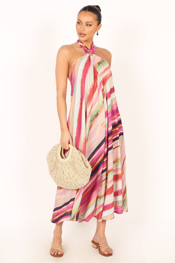 DRESSES @Antonijia Halterneck Maxi Dress - Berry Stripe