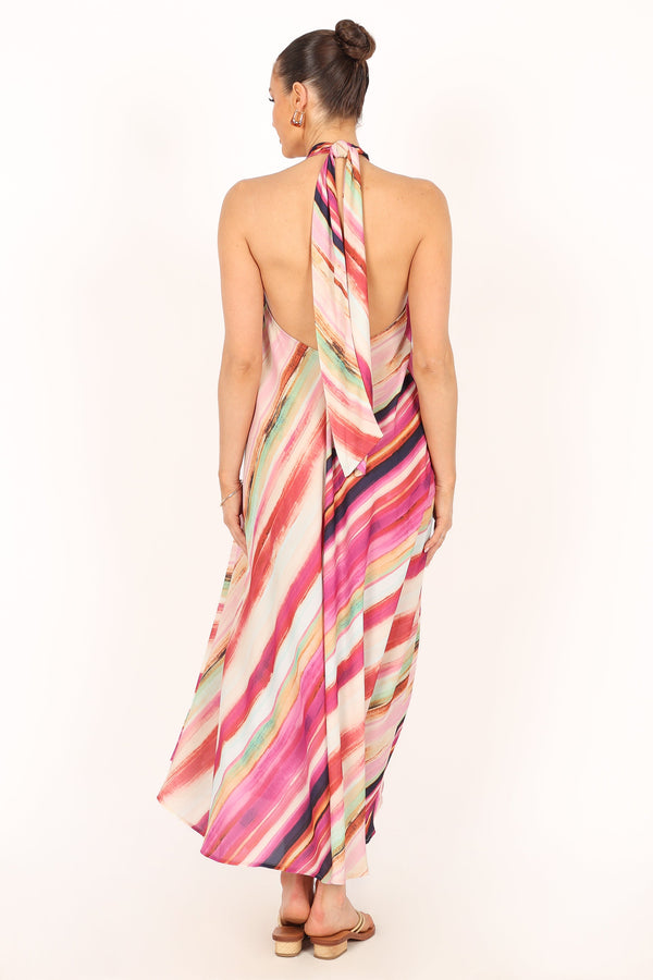 DRESSES @Antonijia Halterneck Maxi Dress - Berry Stripe