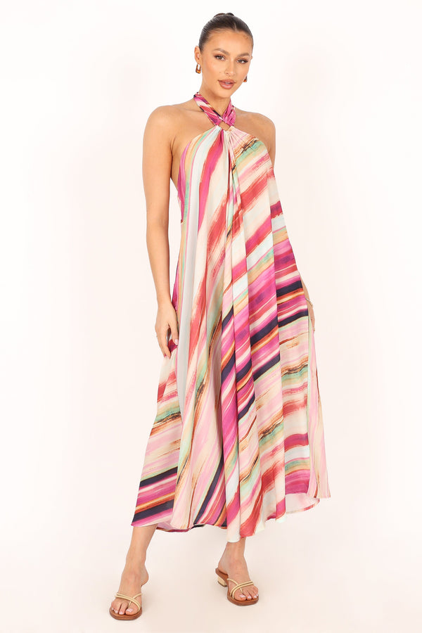 DRESSES @Antonijia Halterneck Maxi Dress - Berry Stripe