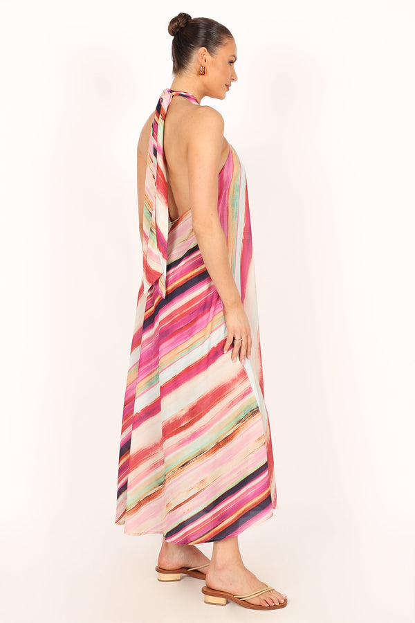 DRESSES @Antonijia Halterneck Maxi Dress - Berry Stripe