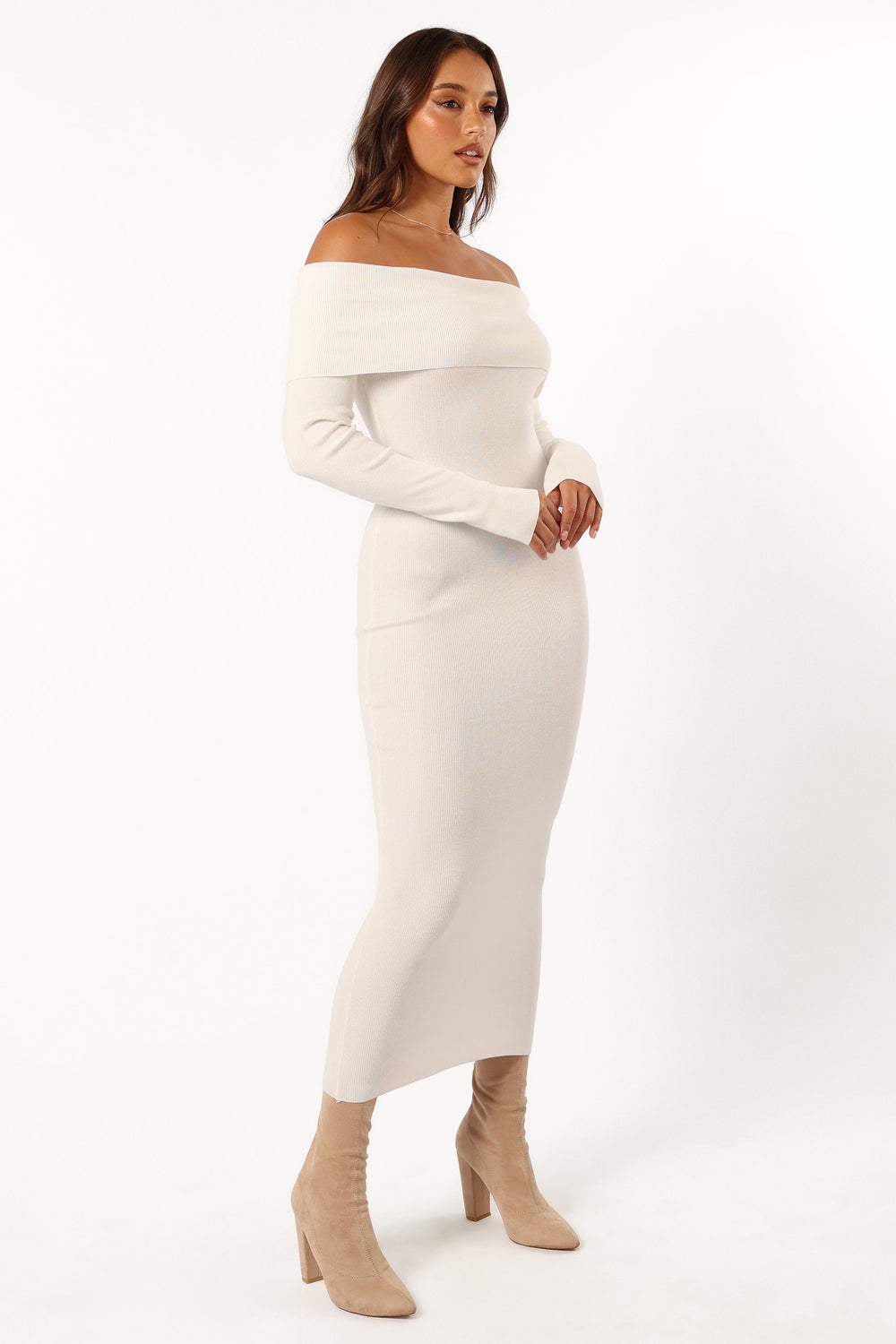 DRESSES @Archie Off The Shoulder Midi Dress - White (Hold for Cool Beginnings)