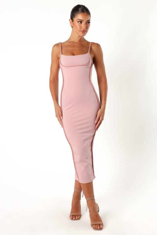 DRESSES @Ari Contrast Trim Midi Dress - Pink Red