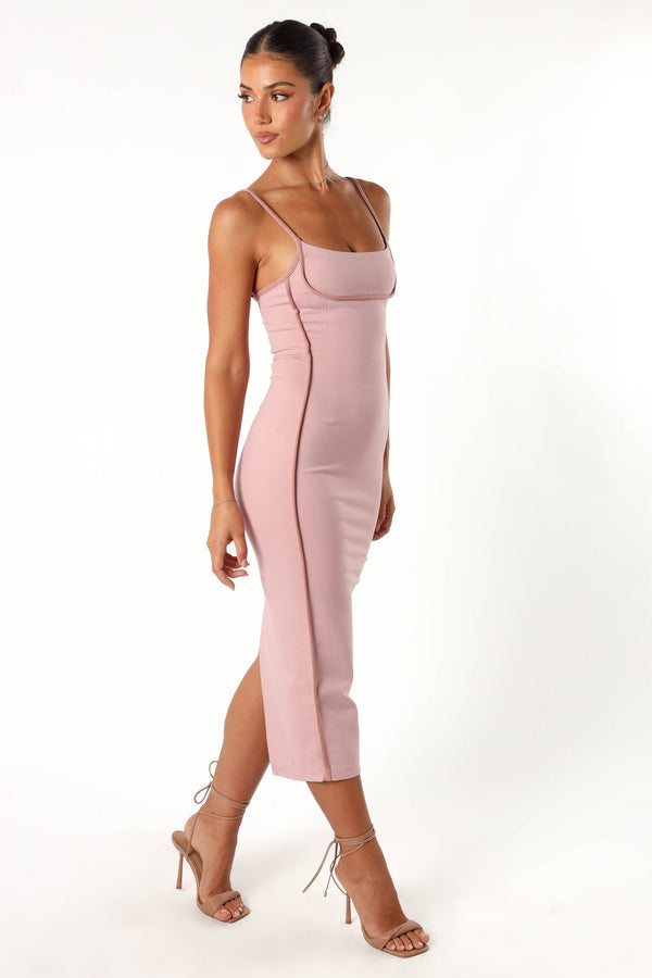 DRESSES @Ari Contrast Trim Midi Dress - Pink Red