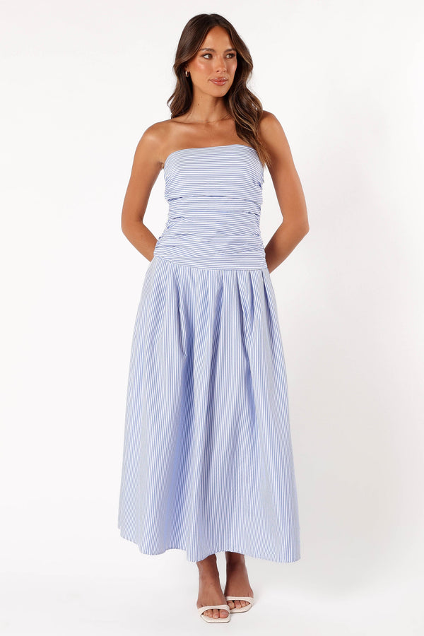 DRESSES @Avalee Strapless Maxi Dress - Blue Stripe (Hold for Transitional Essentials)