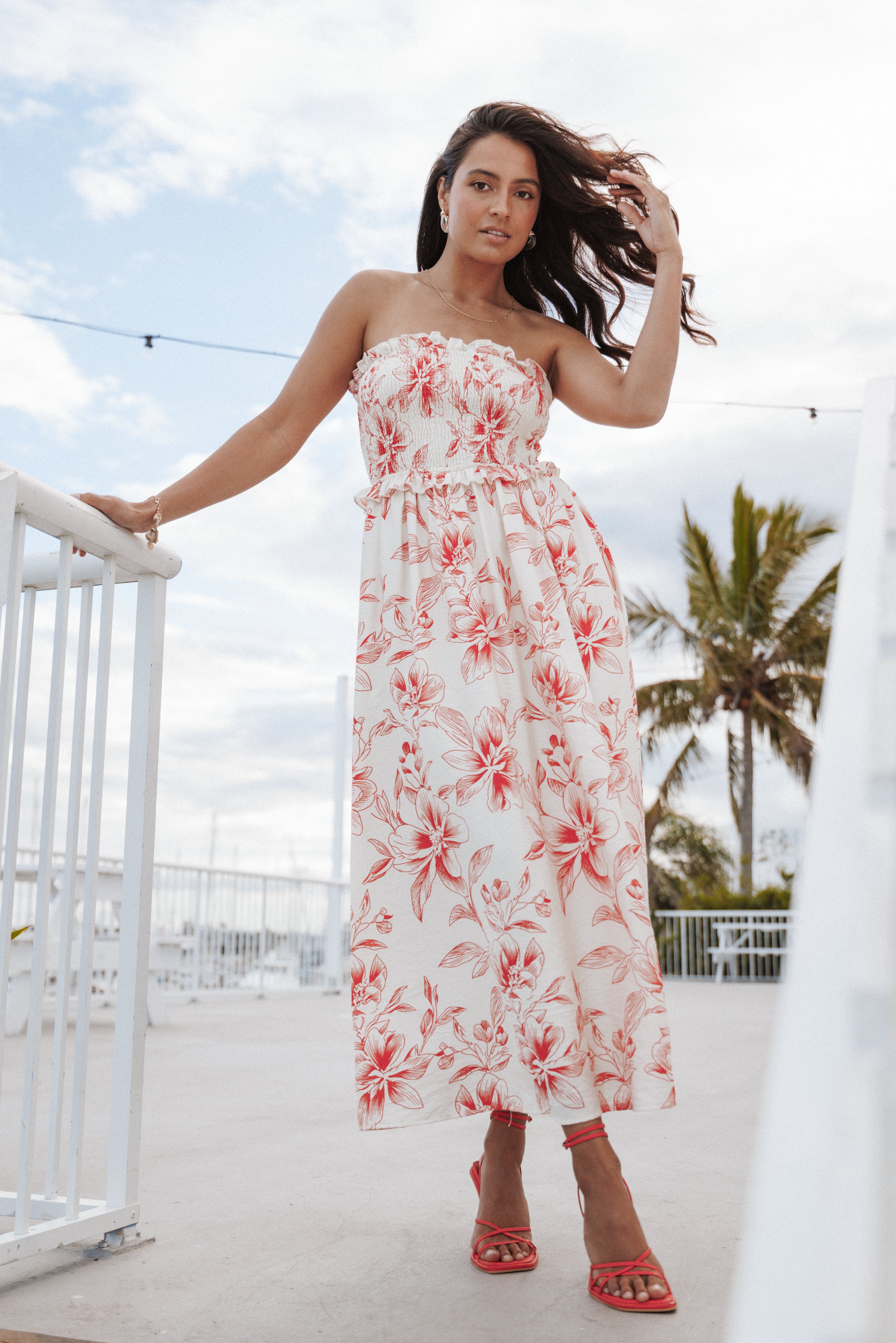 DRESSES Avania Strapless Midi Dress - Red Floral