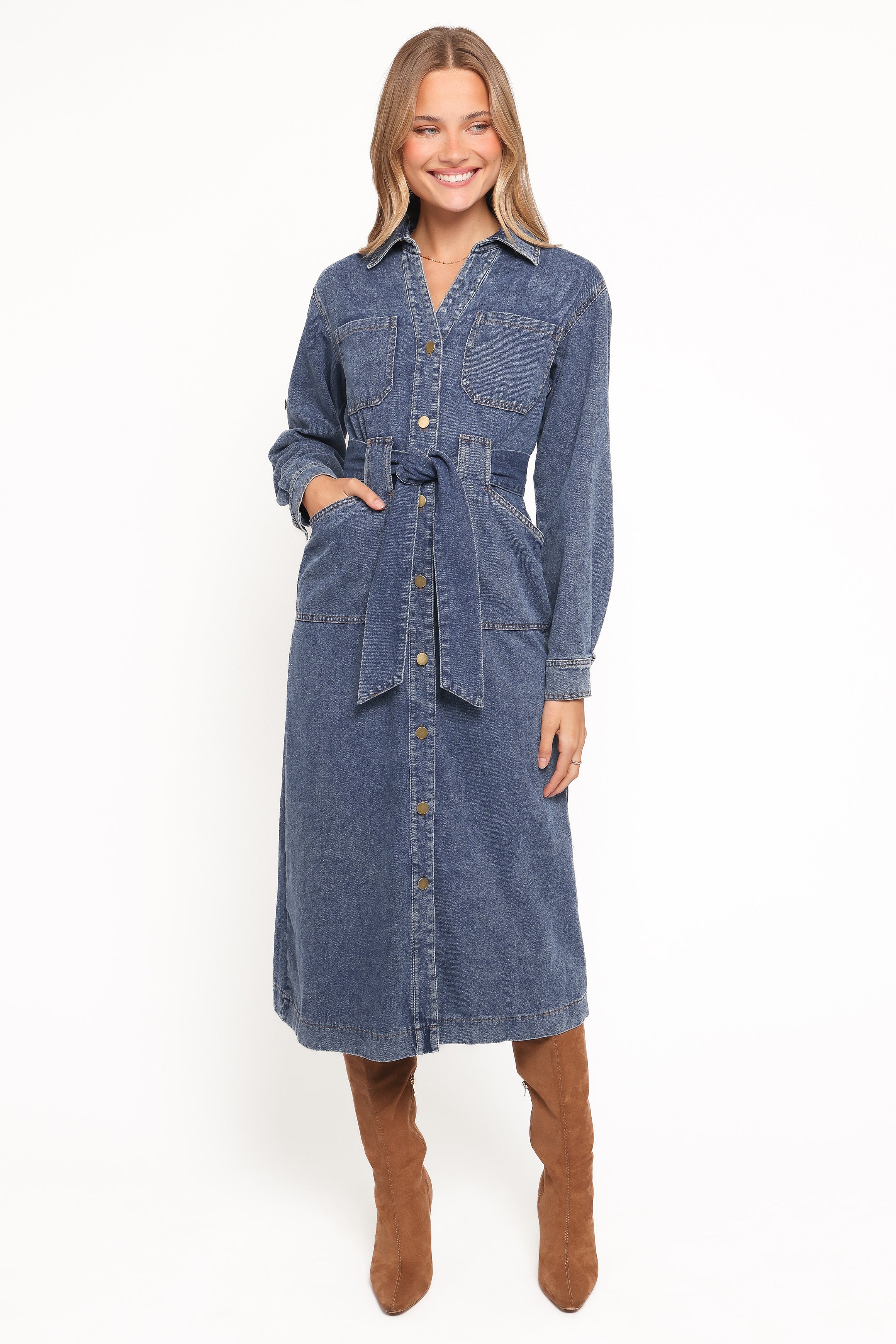 DRESSES Ballina Long Sleeve Midi Dress - Blue Denim