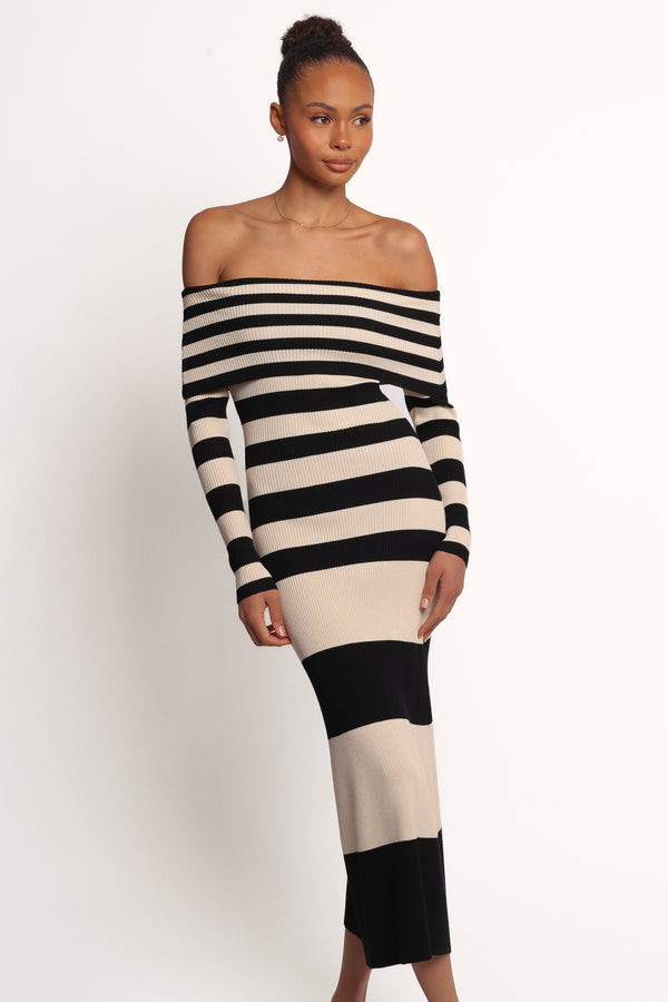 DRESSES Banks Off Shoulder Knit Dress - Black Cream Stripe