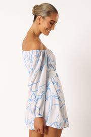 DRESSES @Beau Off Shoulder Mini Dress - Blue Print
