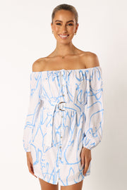 DRESSES @Beau Off Shoulder Mini Dress - Blue Print