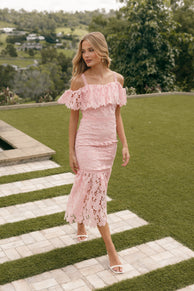 DRESSES @Beckett Lace Midi Dress - Pink