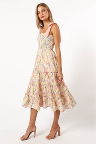 DRESSES @Bella Floral Ruffle Midi Dress - Pink/Yellow