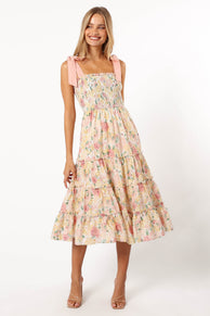 DRESSES @Bella Floral Ruffle Midi Dress - Pink/Yellow