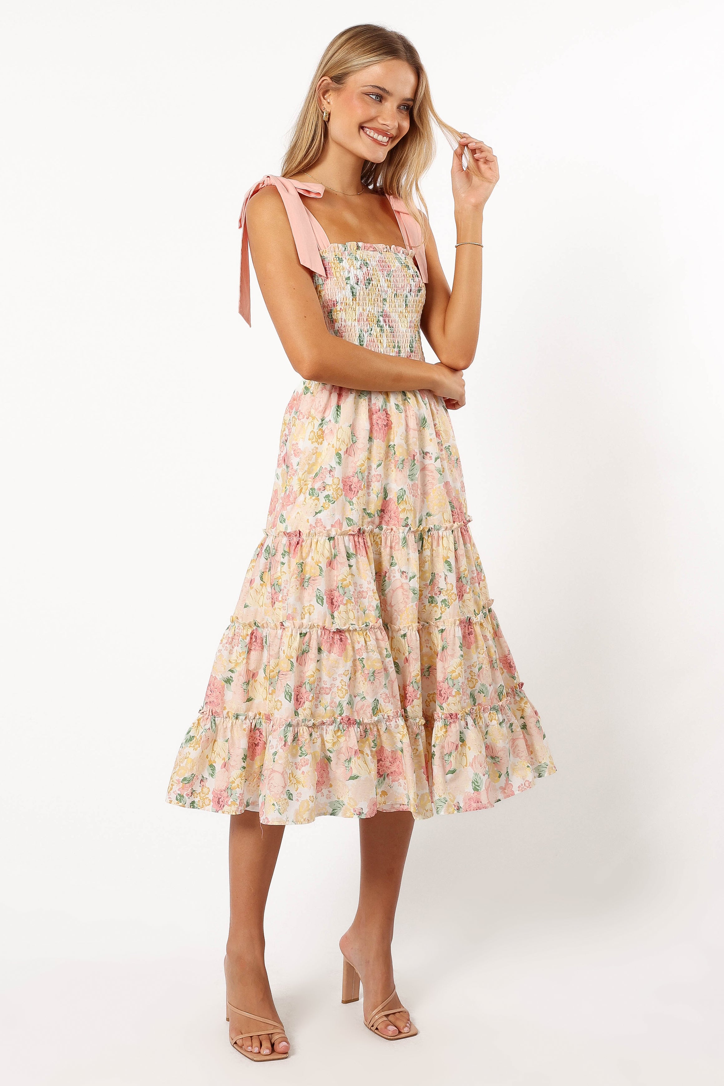 DRESSES @Bella Floral Ruffle Midi Dress - Pink/Yellow