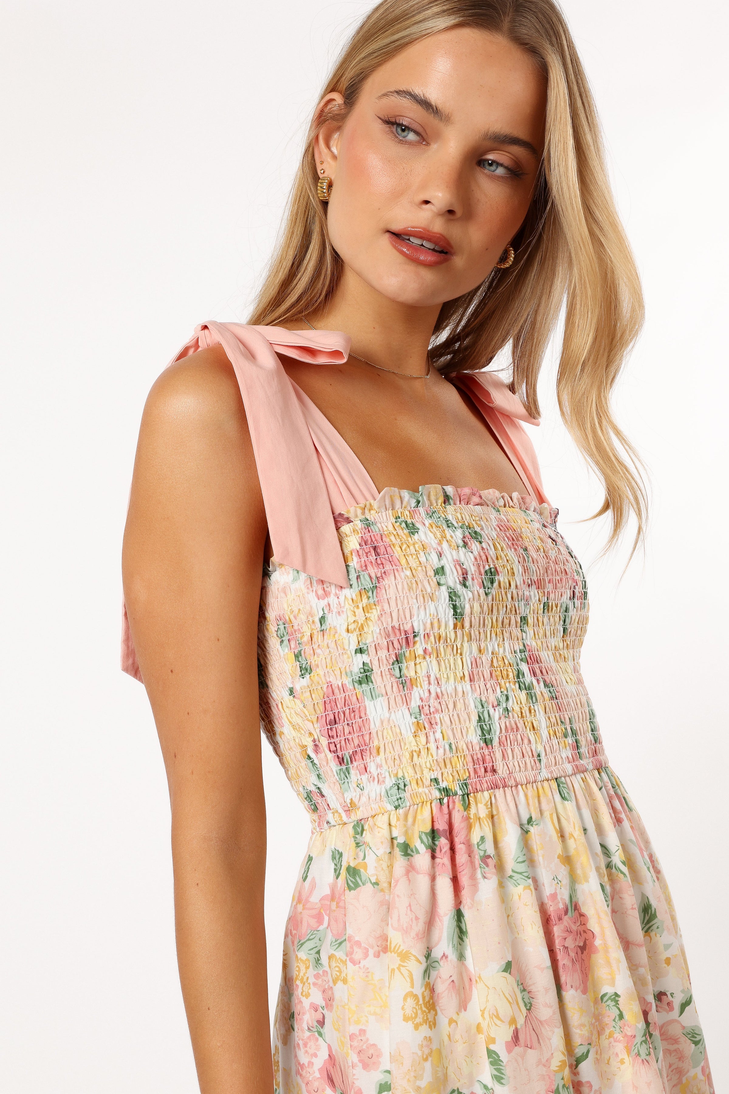 DRESSES @Bella Floral Ruffle Midi Dress - Pink/Yellow