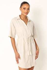 DRESSES @Bennie Mini Shirt Dress - Beige