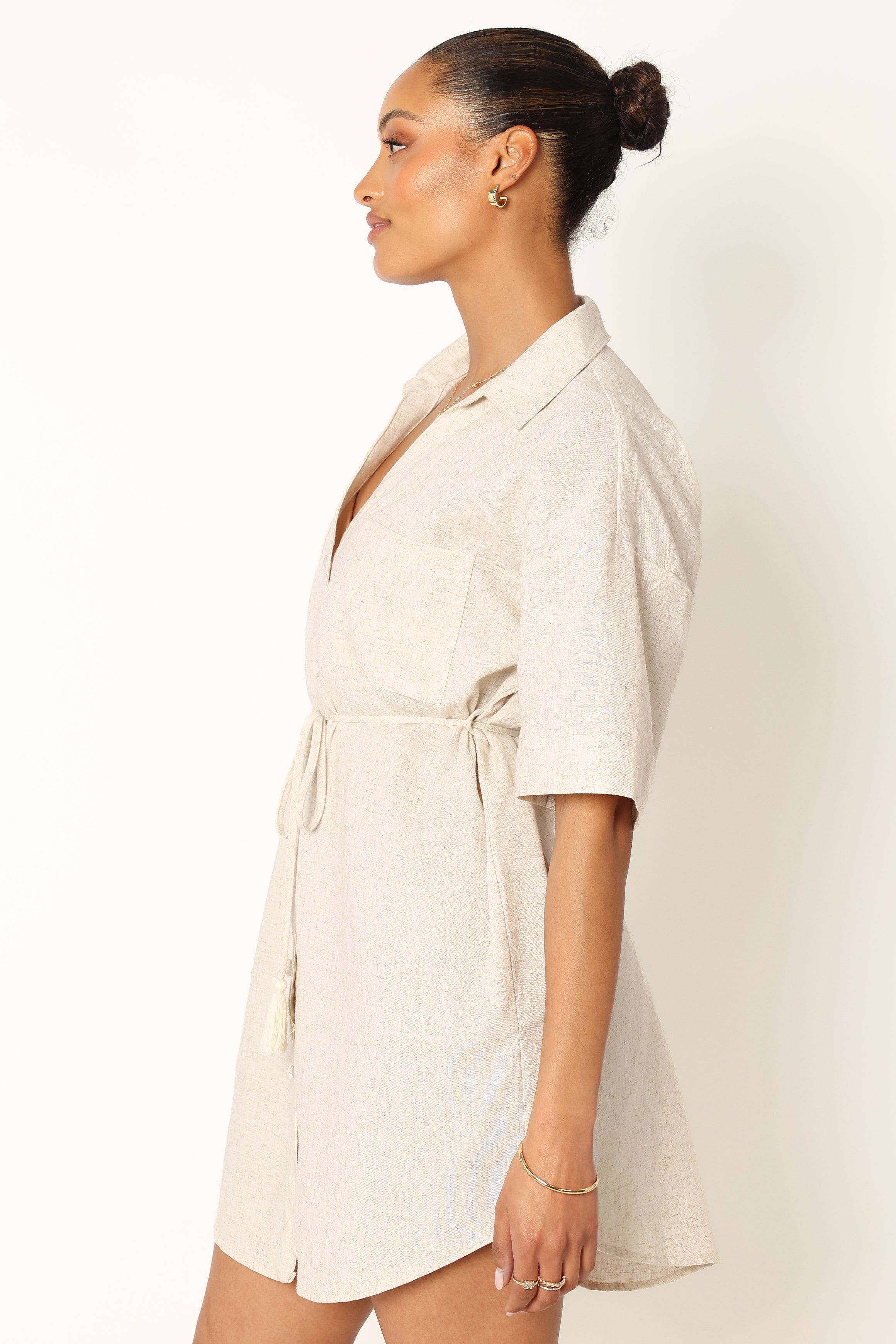 DRESSES @Bennie Mini Shirt Dress - Beige
