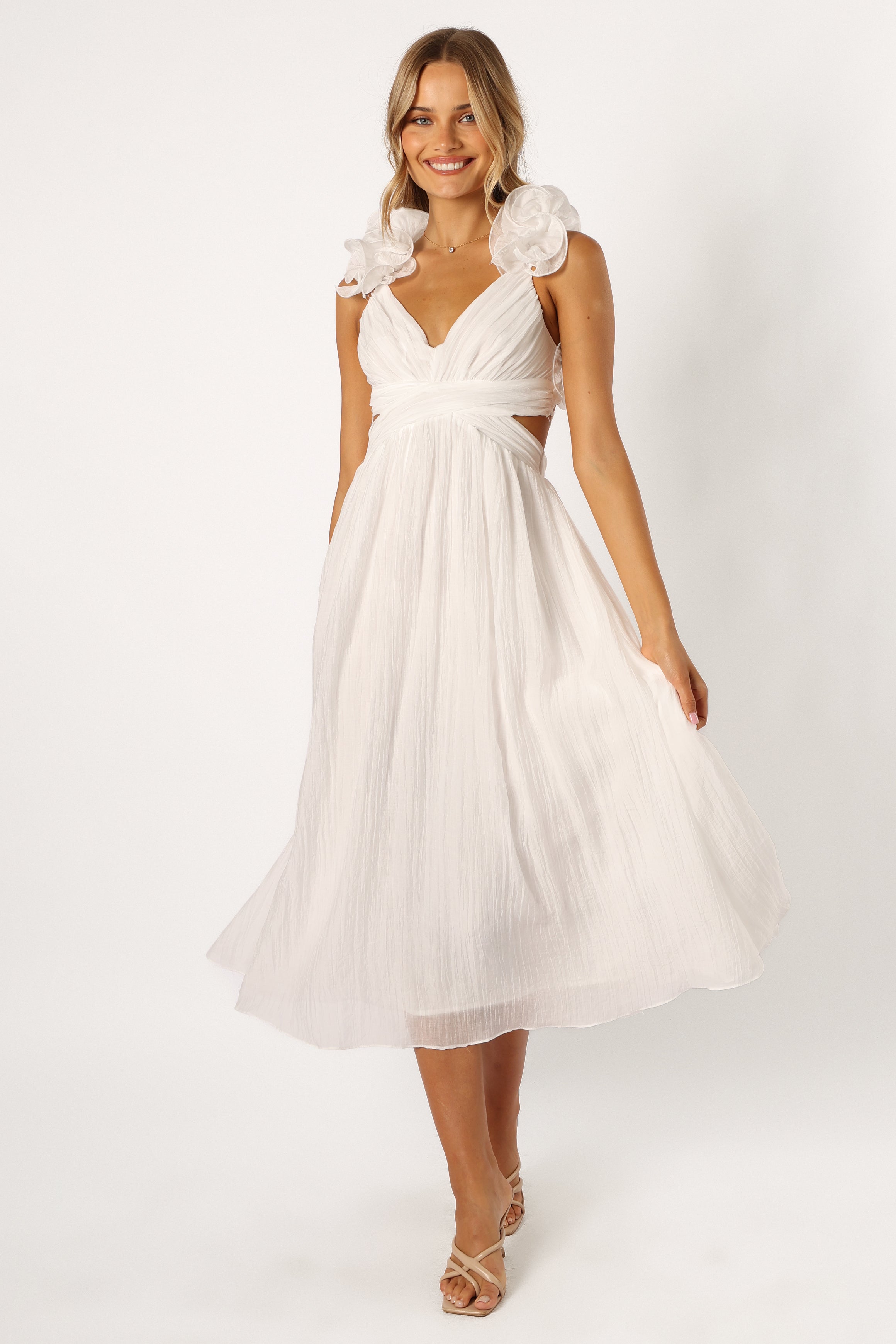 Frill V-neck Maxi dress, White