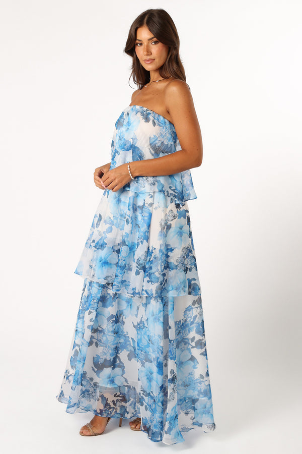 DRESSES @Bloom Strapless Maxi Dress - Blue White Floral (Hold for Modern Romance)