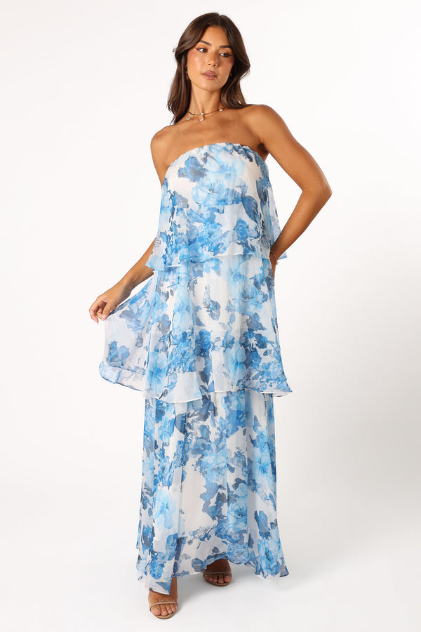 DRESSES @Bloom Strapless Maxi Dress - Blue White Floral (Hold for Modern Romance)