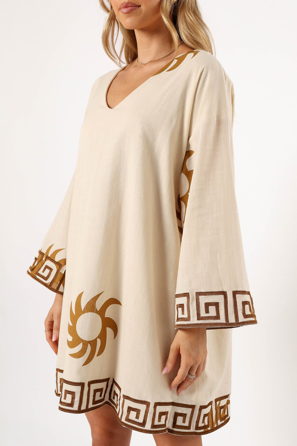 DRESSES @Bondi Long Sleeve Linen Mini Dress - Beige Brown