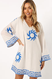 DRESSES @Bondi Long Sleeve Linen Mini Dress - White Blue