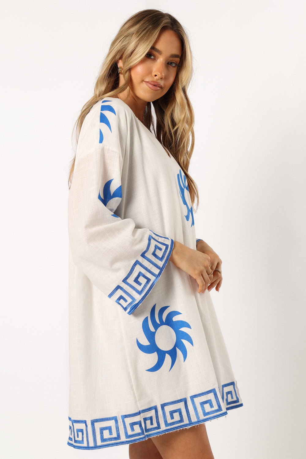 DRESSES @Bondi Long Sleeve Linen Mini Dress - White Blue