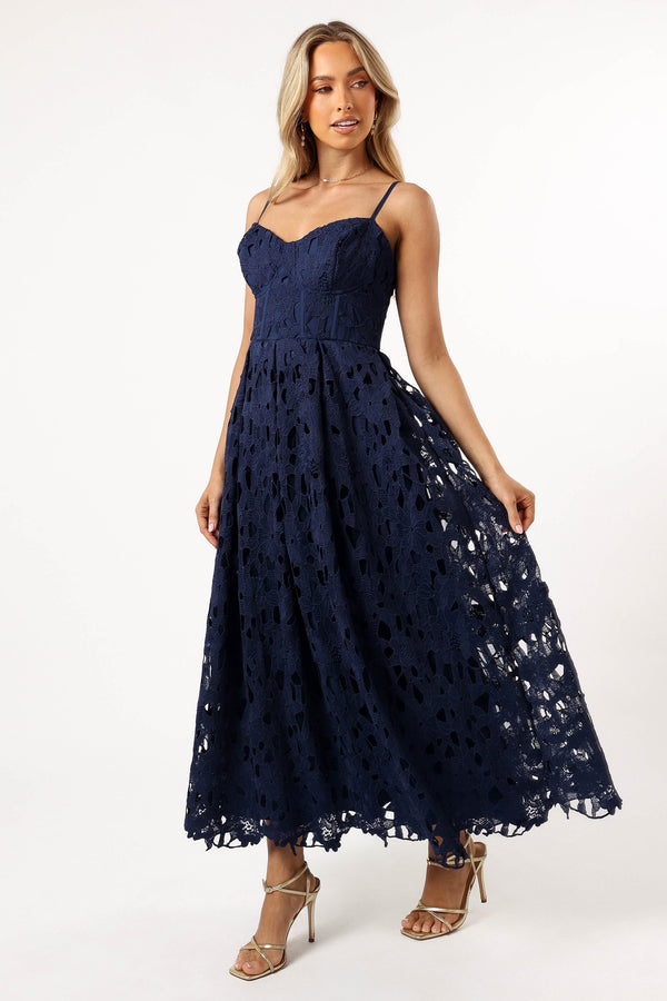 DRESSES @Byron Lace Midi Dress - Navy