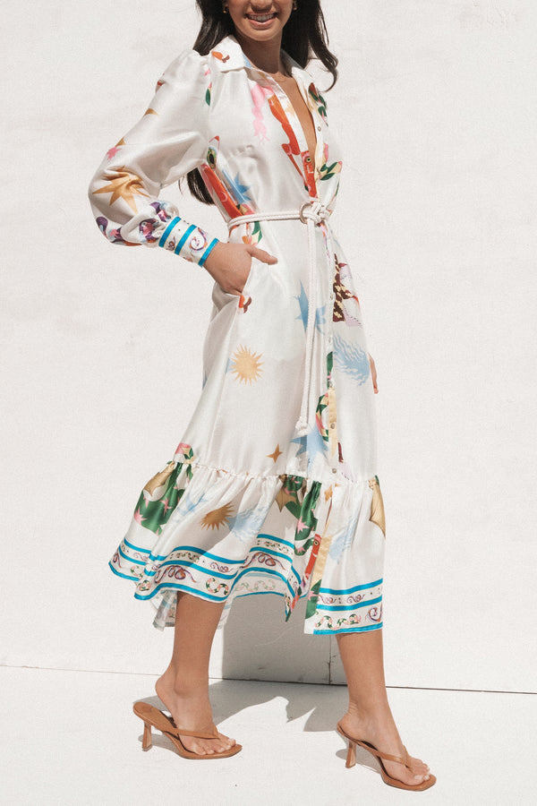 DRESSES Calie Long Sleeve Midi Dress - White/Orange