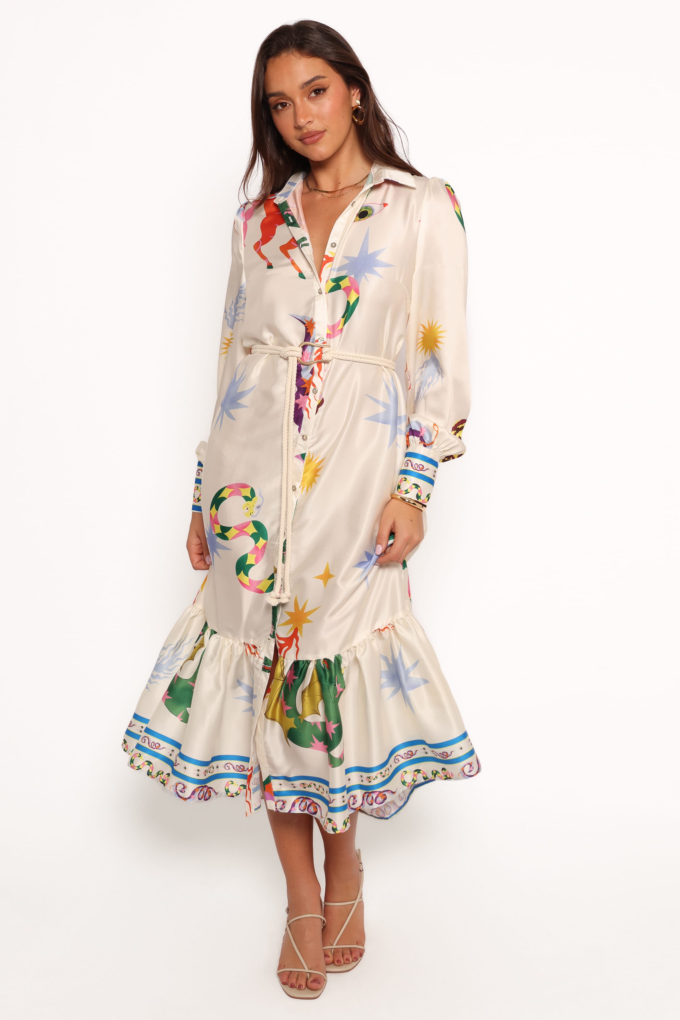 DRESSES Calie Long Sleeve Midi Dress - White/Orange